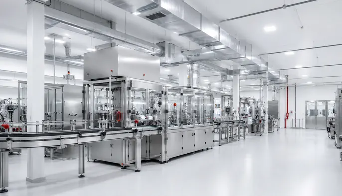 Helle Produktionshalle mit Abfüllanlagen und Lüftungskanälen unter der Decke