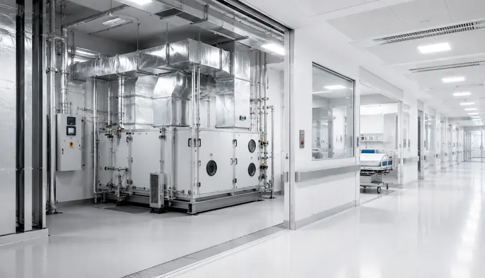 Lüftungsgerät in einem Technikraum neben einem Klinikflur mit Patientenbett