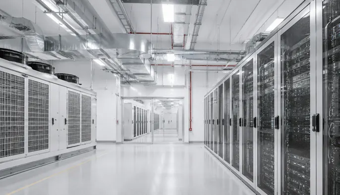 Rechenzentrum mit Serverschränken und Klimageräten